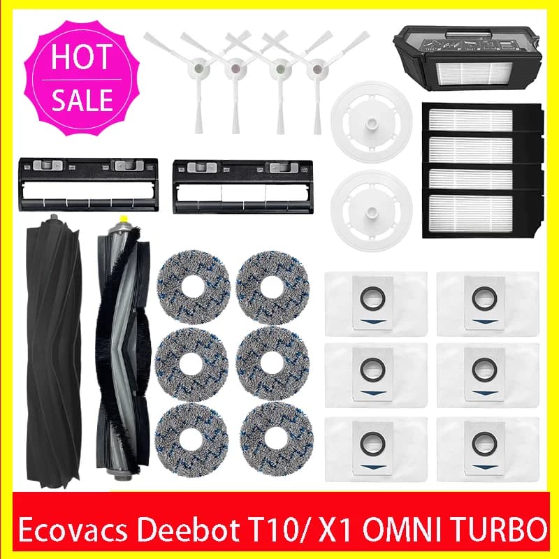قطع غيار مكنسة روبوت Ecovacs Deebot X1 OMNI / T10 OMNI فرشاة مطاطية / جانبية، غطاء، فلتر Hepa، ممسحة قماش، كيس غبار