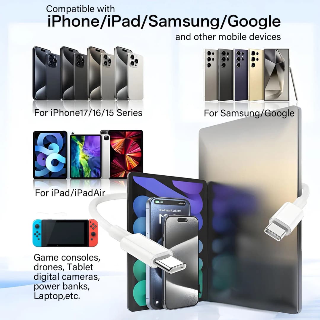 كابل USB-C أصلي لهواتف آيفون 17 و16 و15 برو ماكس، شحن سريع بقوة 60 واط لهواوي وشاومي وسامسونج، كابل منسوج من النوع C وملحقاته - 6