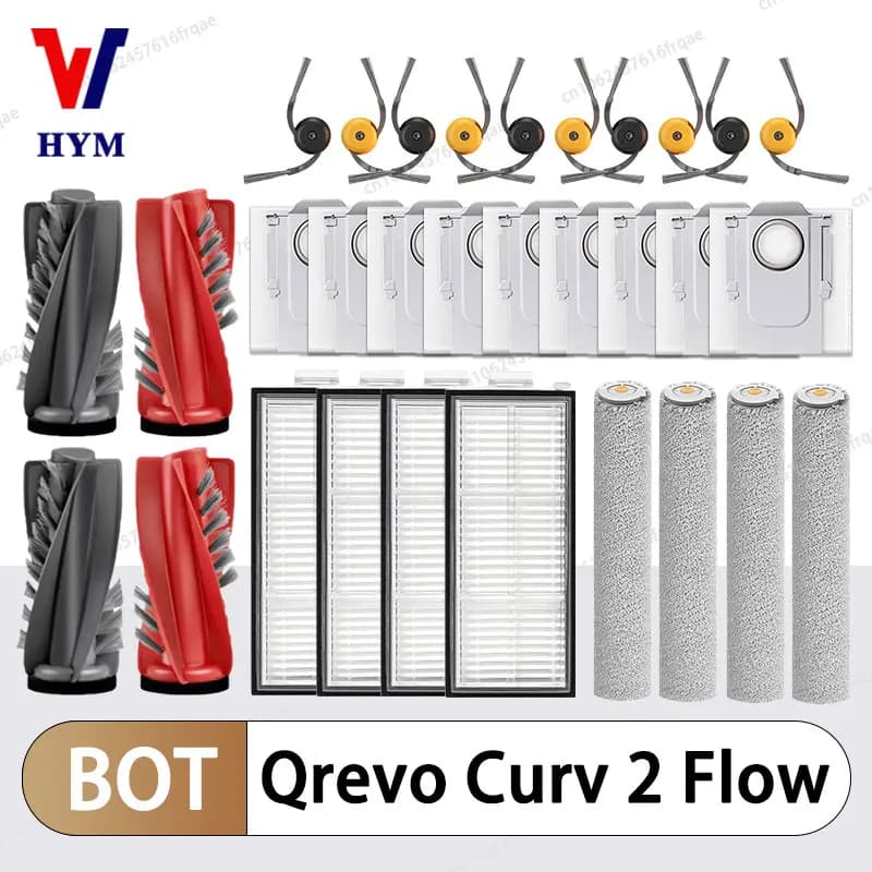 إكسسوارات مكنسة كهربائية روبوتية Roborock Qrevo Curv 2 Flow - فرشاة جانبية رئيسية، فلتر Hepa، قماش مسح، كيس غبار قطع غيار