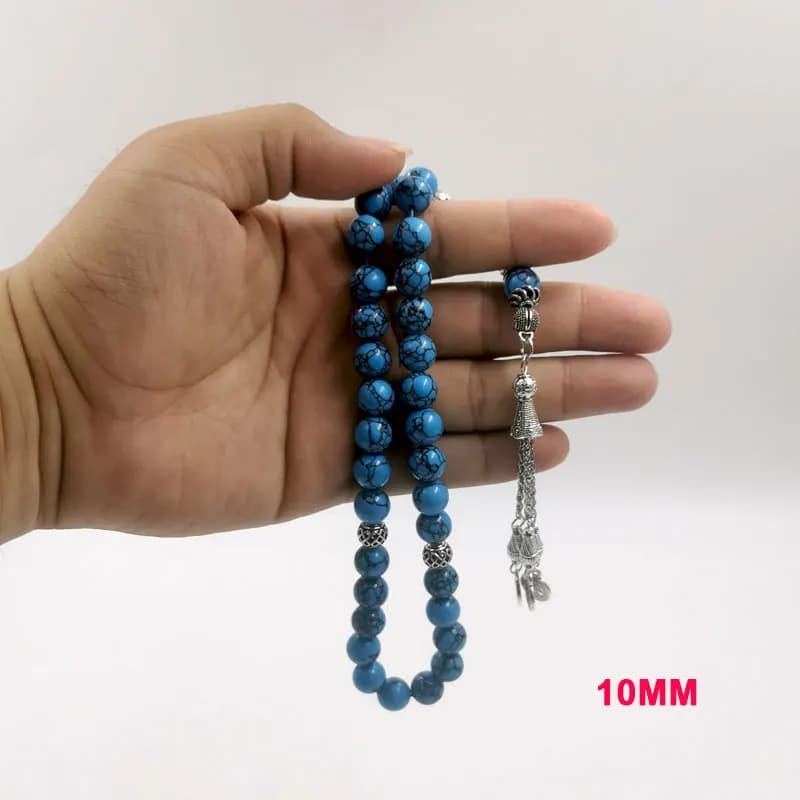 سبحة رجالي من حجر الفيروز المنغولي الطبيعي، مسبحة صلاة إسلامية زرقاء - 6