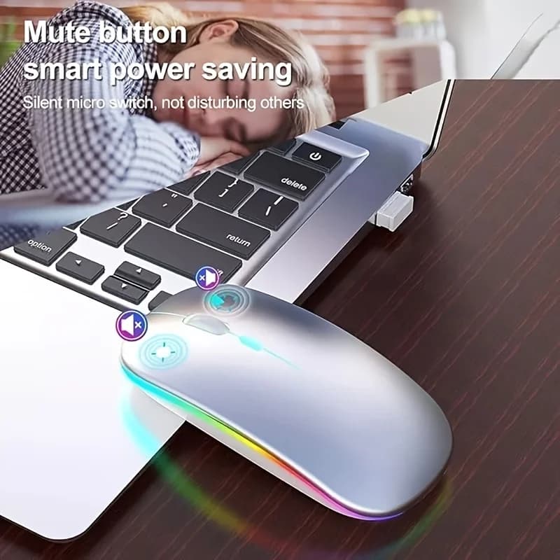 فأرة لاسلكية رفيعة جداً قابلة لإعادة الشحن مع إضاءة LED، وضع مزدوج (بلوتوث و 2.4G)، متوافقة مع آيباد، لابتوب، كمبيوتر، ماك، ويندوز - 5