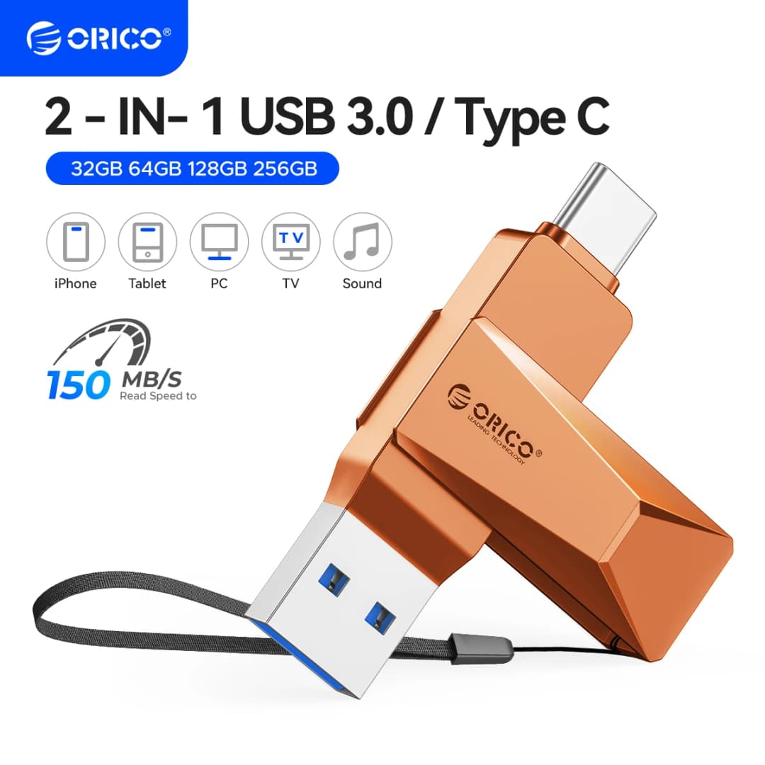 محرك أقراص فلاش مزدوج من ORICO بسرعة عالية مع واجهتين Type C وUSB A مناسب لـ MacBook وأجهزة Android