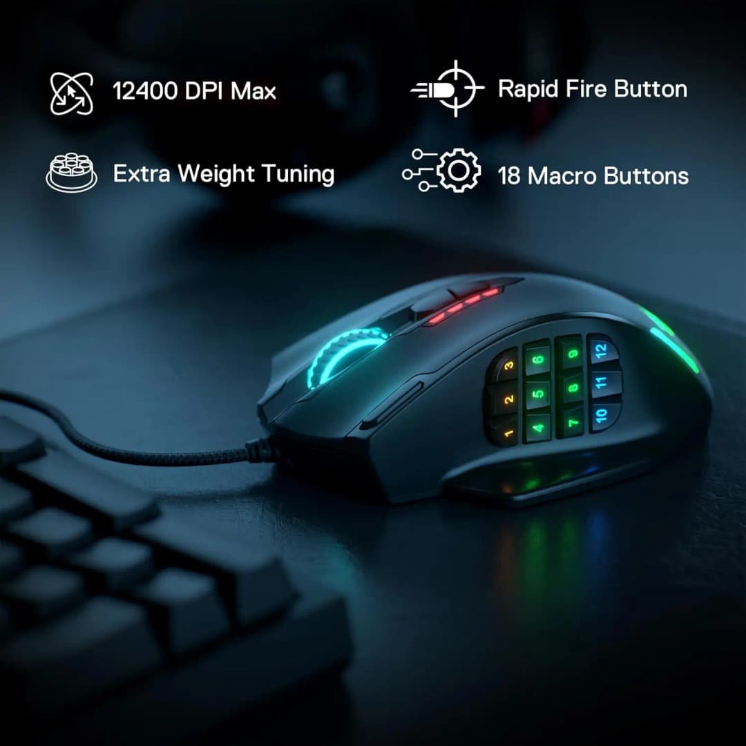 ماوس ألعاب سلكي Redragon M908 بإضاءة LED خلفية RGB، 18 زرًا قابل للبرمجة، دقة 12400 DPI - 6