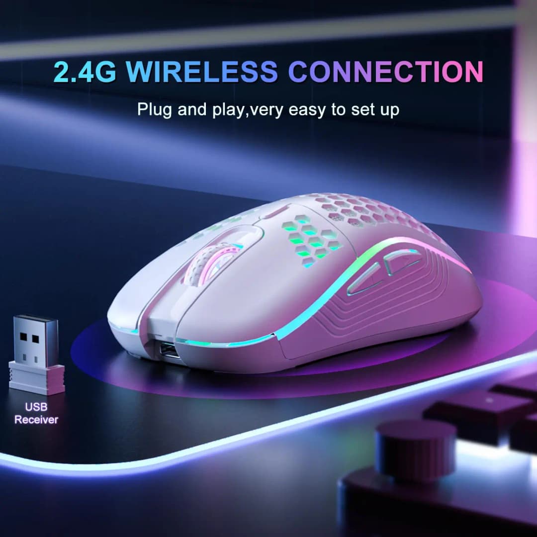 ماوس لاسلكي 2.4 جيجاهرتز مع إضاءة RGB خلفية، 6 أزرار، 3 مستويات DPI، منفذ Type C، ماوس ألعاب مريح بتصميم قرص العسل قابل لإعادة الشحن - 4