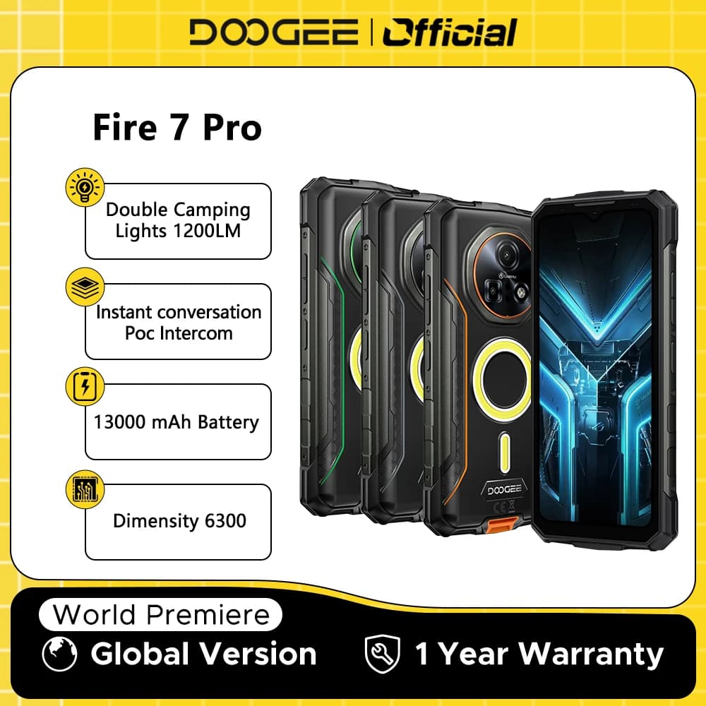 هاتف DOOGEE Fire 7 Pro 5G المتين بإضاءة تخييم مزدوجة وبطارية 13000 مللي أمبير وكاميرا رئيسية 64 ميجابكسل بتقنية الذكاء الاصطناعي ومعالج Dimensity 6300 ونظام أندرويد 15