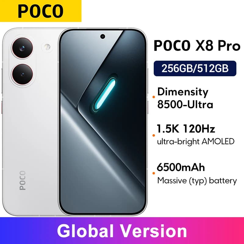 هاتف ذكي POCO X8 Pro إصدار عالمي، بطارية 6500mAh، معالج Dimensity 8500-Ultra، شاشة 6.59 بوصة 1.5K بمعدل تحديث 120Hz AMOLED، كاميرا 50MP