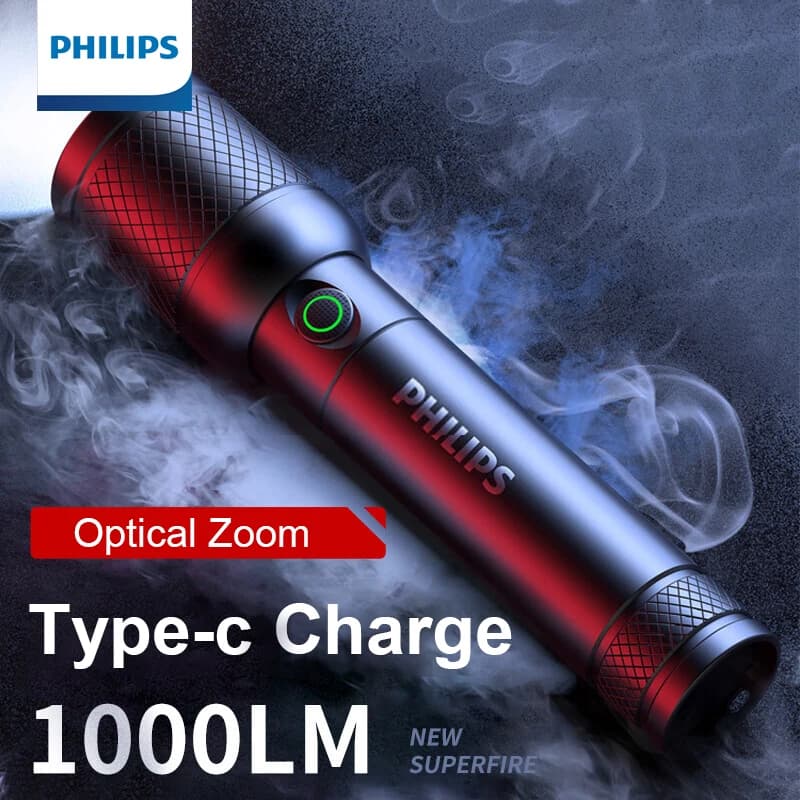 كشاف Philips SFL6168 مع تكبير وشحن USB وبطارية 18650، كشافات محمولة، مصباح قابل لإعادة الشحن للدفاع عن النفس والتخييم