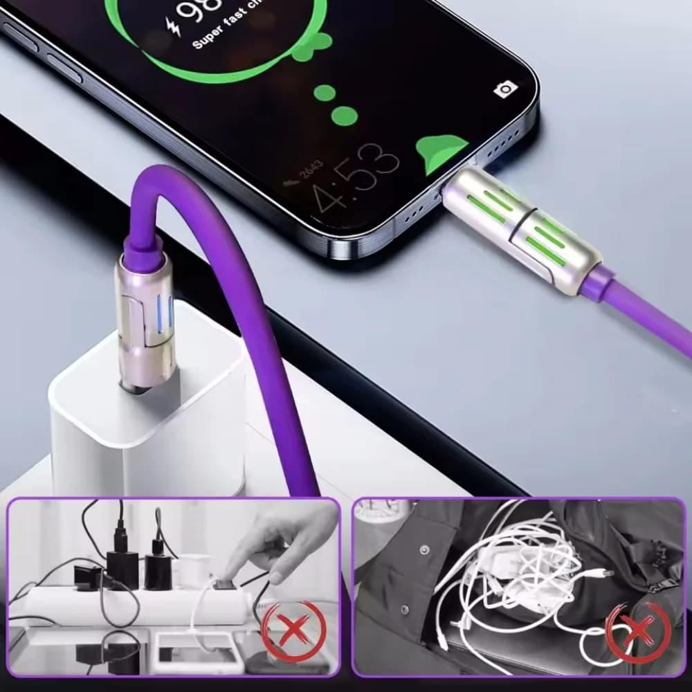 شاحن متعدد المنافذ 4 في 1، كوع دوار، USB إلى Type-C، كابل سيليكون، شحن سريع 240 واط، نقل البيانات - 4