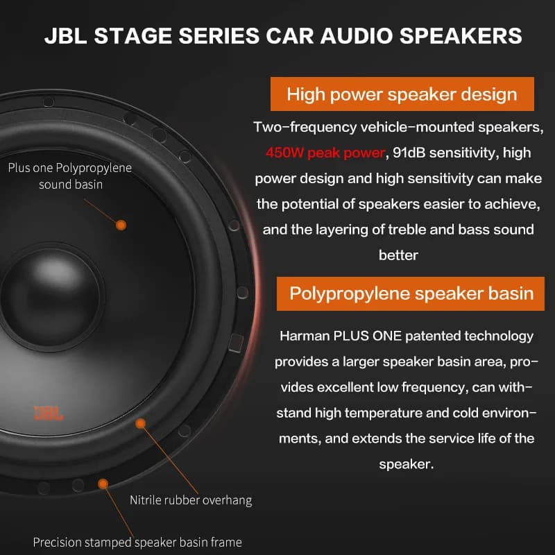 سماعة سيارة JBL، سماعة مقاس 6.5 بوصة، طاقة 450 واط، سماعة بترددات عالية ومتوسطة وサブ ووفر، سماعة ستيريو للسيارة - 2
