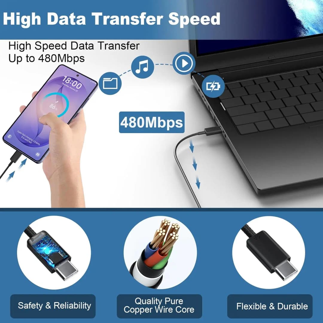 كابل شحن فائق السرعة PD 45 واط 5 أمبير ثنائي USB-C لـ سامسونج S23 S24 S25 بلس نوت 20 ألترا A53 A54 A55 Type-C كابلات شحن سريع - 6