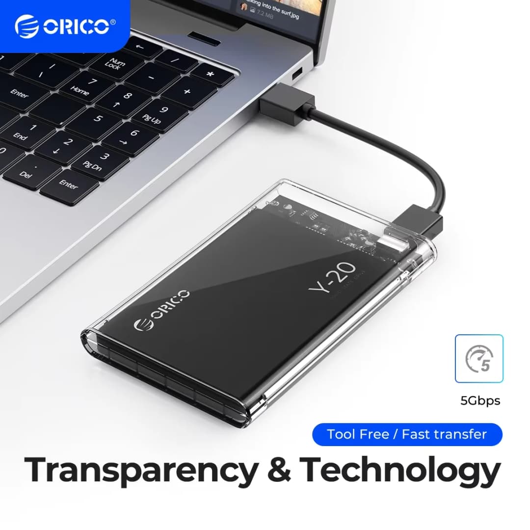 غطاء قرص صلب خارجي ORICO 2.5 بوصة، USB 3.0 إلى SATA III، بدون أدوات، غطاء قرص صلب شفاف لـ 2.5 بوصة 7 مم 9.5 مم SATA HDD SSD