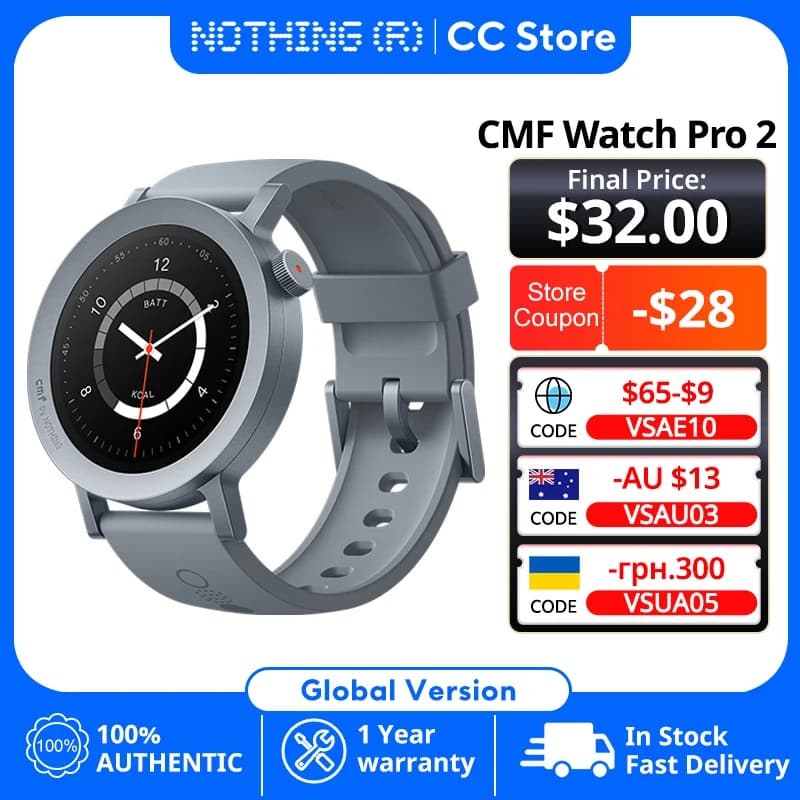 ساعة ذكية Nothing CMF SmartWatch Pro 2 الإصدار العالمي، شاشة AMOLED 1.32 بوصة، 120 وضع رياضي، نظام GPS متعدد، إلغاء الضوضاء بتقنية الذكاء الاصطناعي، مع مكالمات بلوتوث
