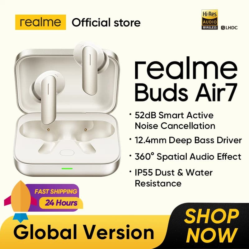سماعات realme Buds Air 7 TWS إلغاء ضوضاء 52dB بطارية 52 ساعة مشغل جهير 12.4 مم LHDC 5.0 بلوتوث 5.4 IP55