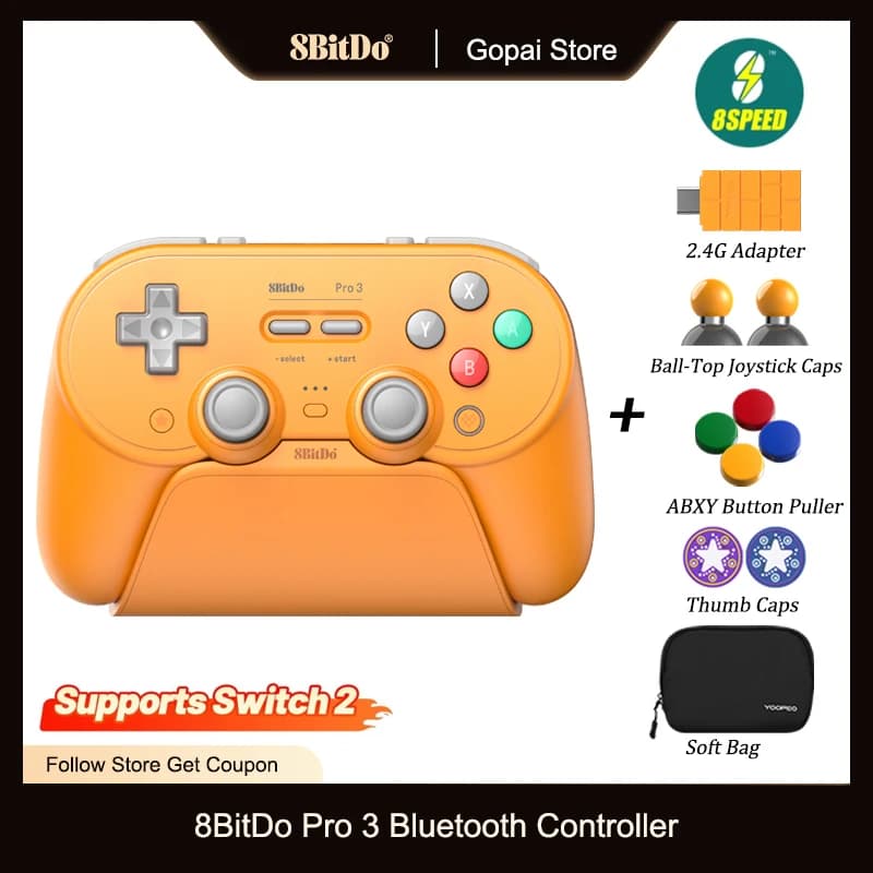 وحدة تحكم بلوتوث 8BitDo Pro 3 لسويتش 1/2 ويندوز، أبل، SteamOS مع عصي تحكم TMR، زناد قابل للتبديل، وأزرار قابلة للتبديل