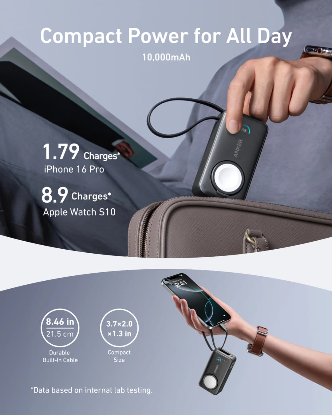 Anker MagGo Power Bank for Apple Watch, Officially Certified 10,000mAh Compact Battery Pack with Built-in USB-C Cable, 35W Max - 4