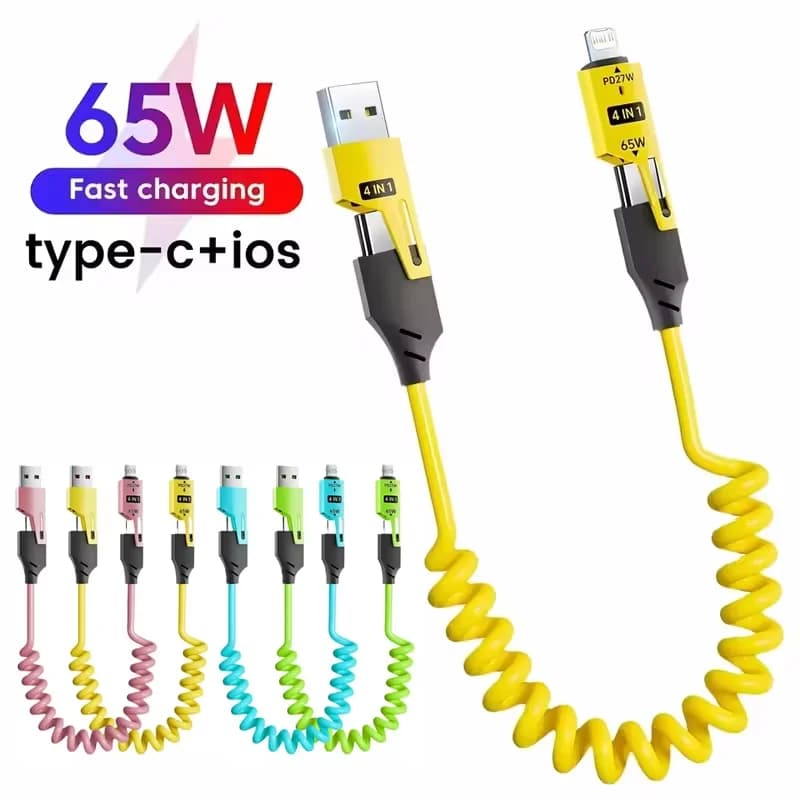 شاحن سريع 65W كابل USB نابض 4 في 1 كابل بيانات نابض 6A USB Type C سلك تلسكوبي نابض لهواتف آيفون آيباد ماك بوك هواوي