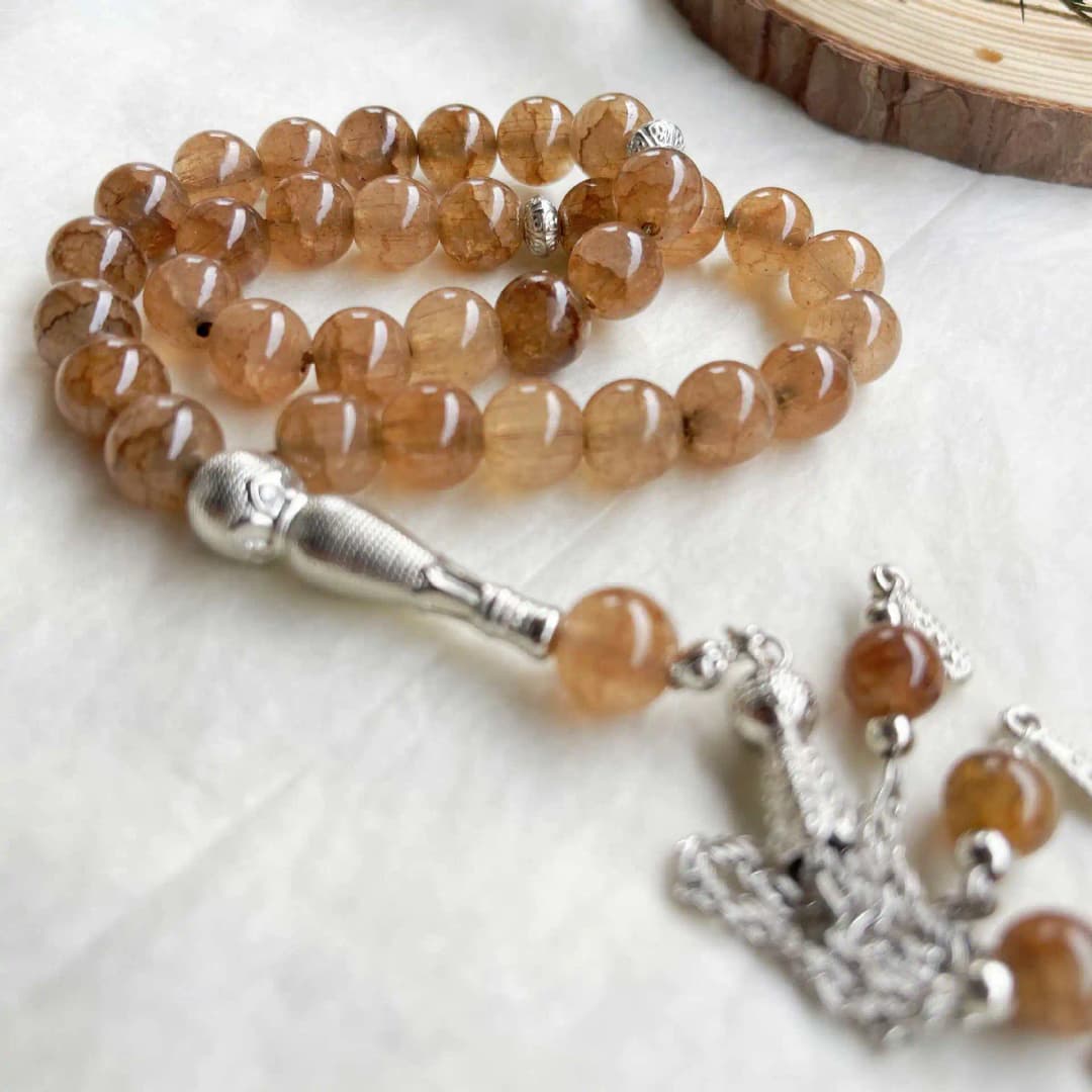 33 حبة تسبيح من حجر عرق التنين 10 ملم، حبات صلاة زجاجية مكسرة هدية رمضان، إكسسوار إسلامي عصري - 5