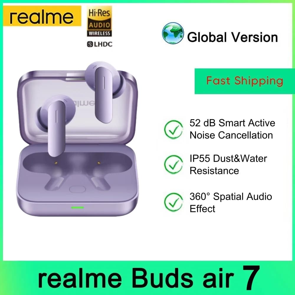 الإصدار العالمي realme Buds Air 7 سماعة أذن TWS عزل ضوضاء 52dB بطارية تدوم حتى 52 ساعة مشغل باس 12.4 مم LHDC 5.0 IP55