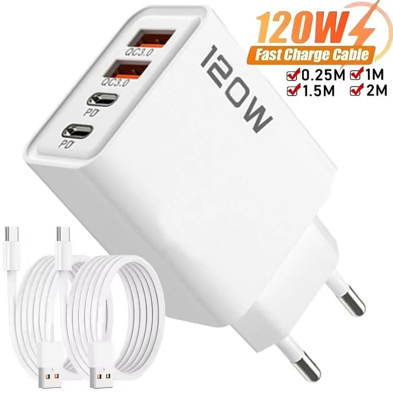 120 واط 4 منافذ USB نوع C شاحن شحن سريع كابل بيانات USB مهايئ شاحن الهاتف لسامسونج آيفون Xiaomi هواوي شاحن الجدار