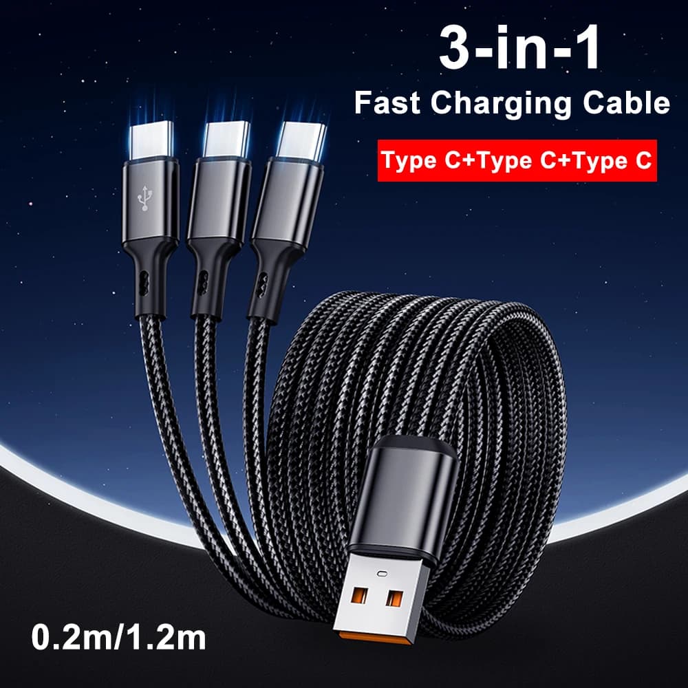 كابل 3 في 1، USB إلى 3×Type-C، 100 واط 6A، شحن سريع لسامسونج S24 وشاومي وهواوي وهواتف أندرويد، نقل بيانات عالي السرعة USB C - 3