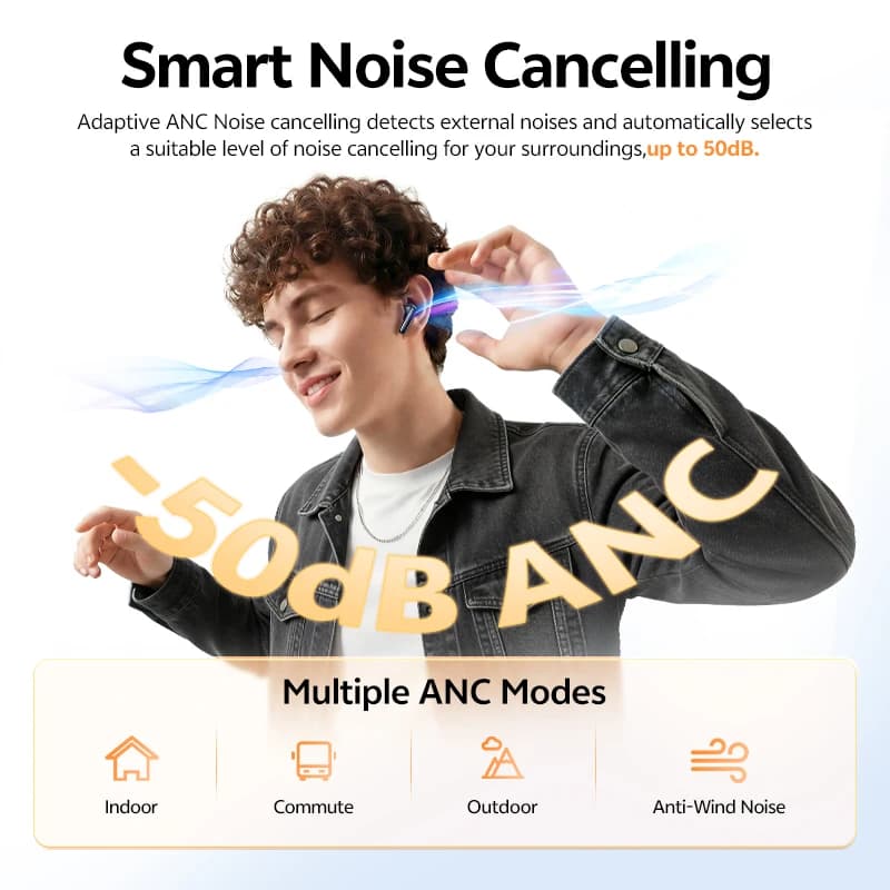 سماعات أذن بلوتوث لاسلكية QCY T13 Pro مع 6 ميكروفونات وتقنية ENC للمكالمات عالية الدقة، سماعات رأس TWS مع تقنية ANC الهجينة وباس قوي، عمر بطارية 47 ساعة - 2