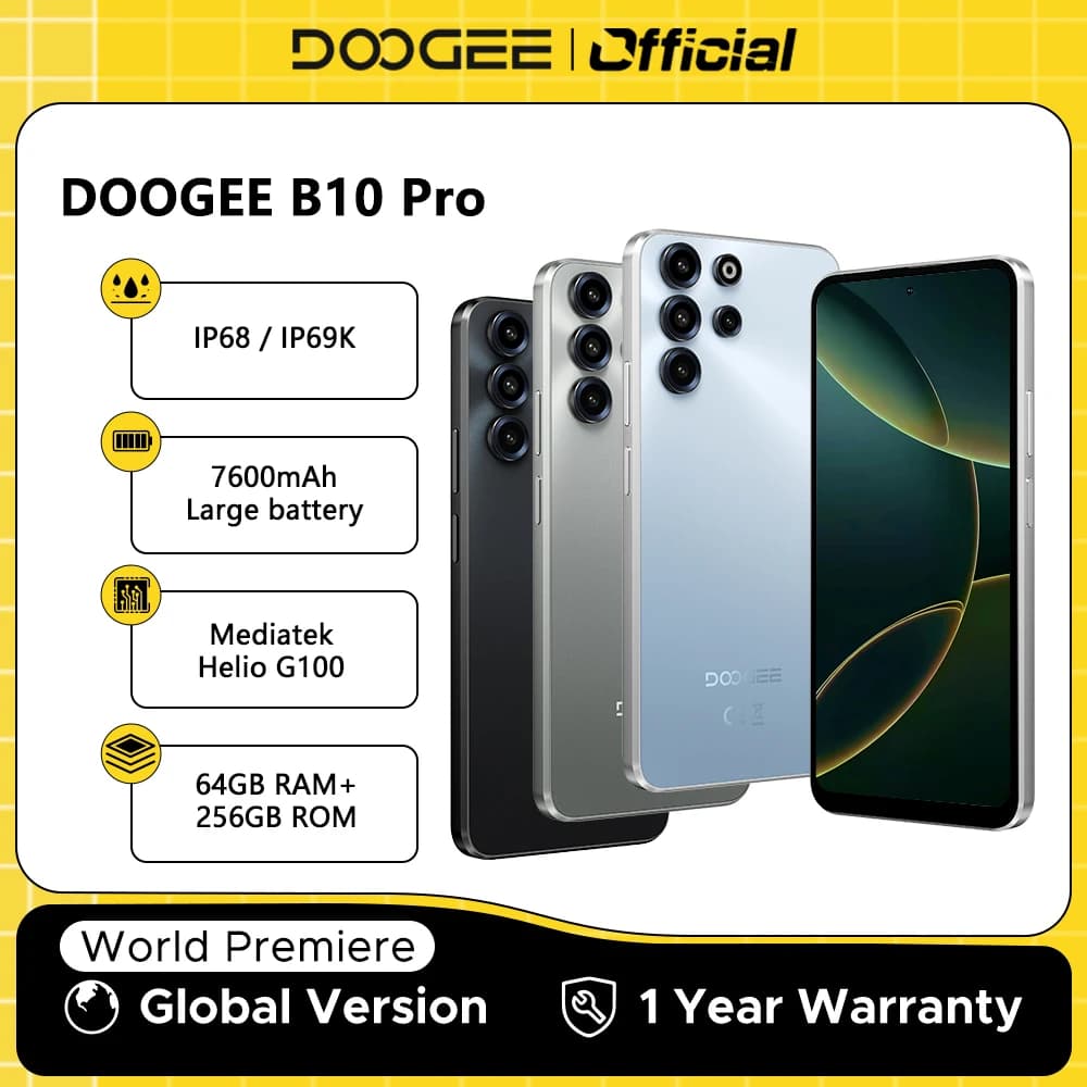 العرض العالمي الأول لهاتف DOOGEE B10 Pro الذكي، 64 جيجابايت+256 جيجابايت، شاشة 6.63 بوصة FHD بمعدل تحديث 120 هرتز، مقاوم للماء والغبار IP68 / IP69K، معالج Helio G100، بطارية 7600 مللي أمبير في الساعة، أندرويد 16