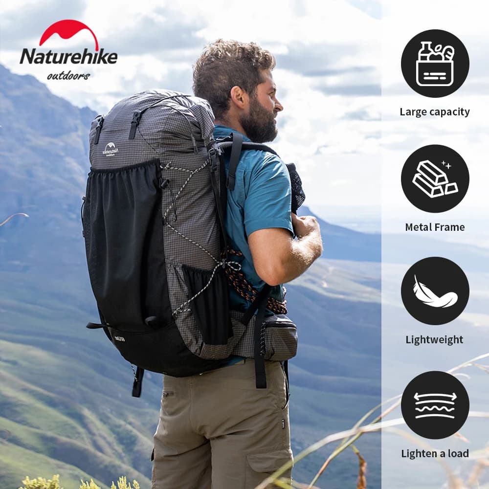 حقيبة ظهر تخييم Naturehike سعة 60+5 لتر، حقيبة تسلق مقاومة للماء، حقيبة ظهر خفيفة الوزن للسفر، حقيبة ظهر للرجال للتنزه في الهواء الطلق