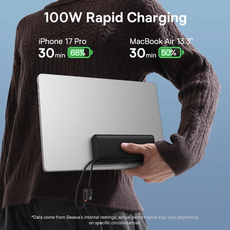 بنك طاقة من Baseus بسعة 20000 مللي أمبير وسعة 100 واط، مزود بكابل USB-C مزدوج مدمج للشحن السريع، وشاشة عرض رقمية، متوافق مع آيفون 17 برو ماكس وسامسونج - 4