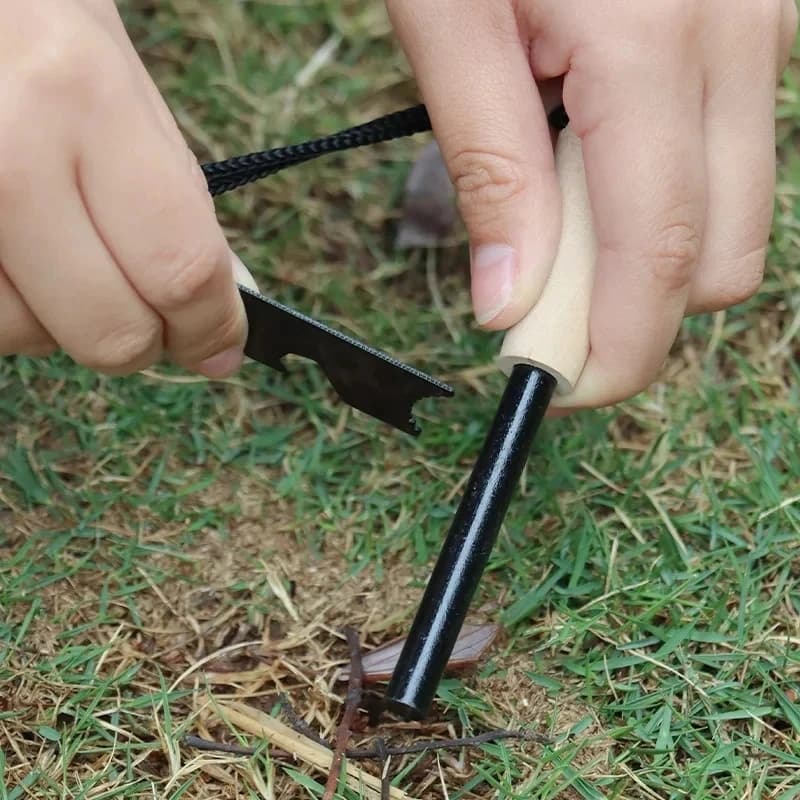 New Wilderness Survival Portable Flint Kit - Magnesium Fire Starter Stick with Wooden Handle for Camping Outdoor Equipment Tool - 3