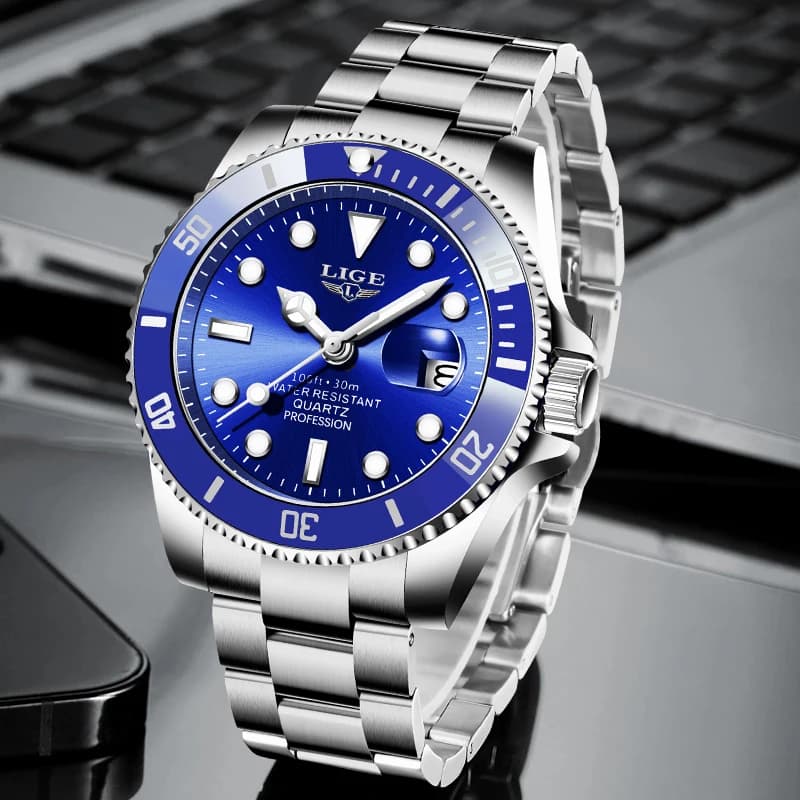 LIGE Top Original Men Quartz Watches Blue Waterproof Watch for Men Stainless Steel Quartz Men Luxury Watch Luminous Wristwatch - 4