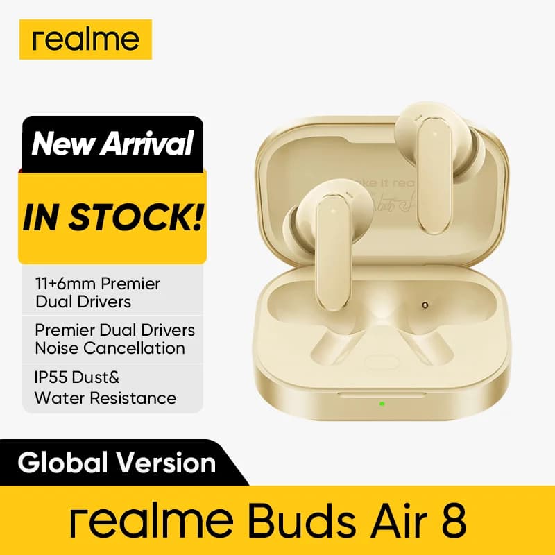 سماعات realme Buds Air 8 اللاسلكية بلوتوث 5.4 مع إلغاء الضوضاء النشط وبطارية تدوم لساعات حقيقية TWS إصدار عالمي