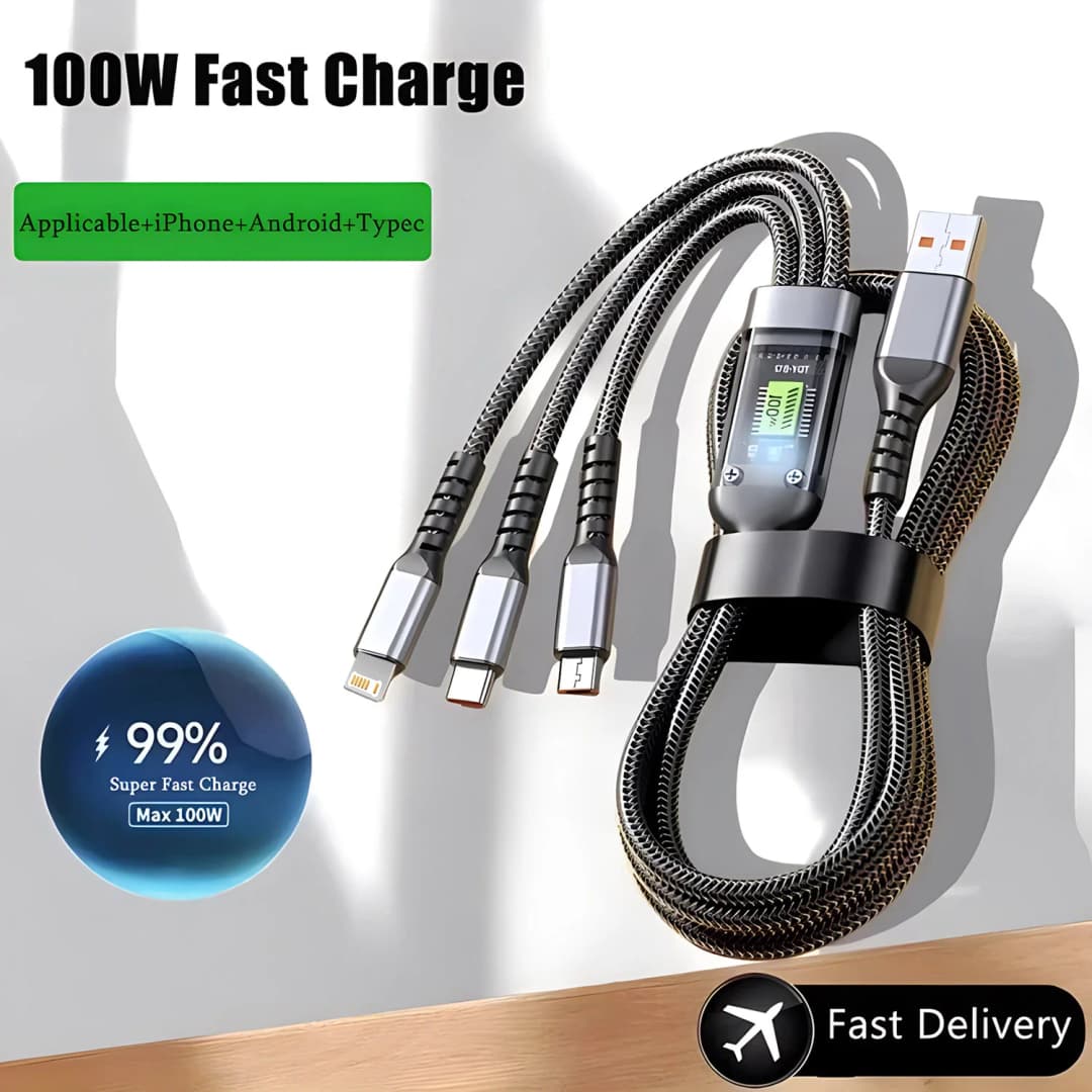 كابل شحن سريع 100 وات كابل شاحن متعدد نايلون مضفر متعدد USB عالمي 3 في 1 محول سلك شحن مع مايكرو من النوع C