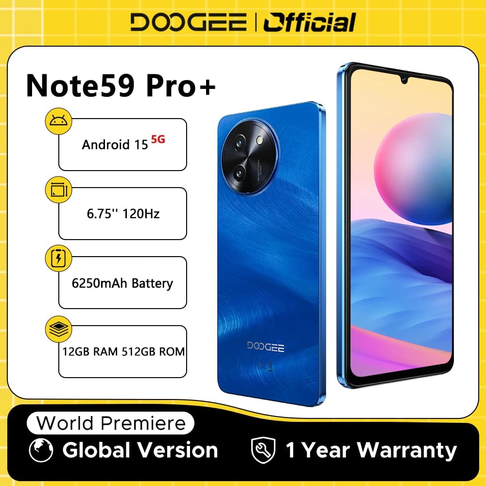 هاتف DOOGEE Note59 Pro+ الذكي 5G بنظام أندرويد 15 إصدار عالمي بطارية 6250mAh شاشة 6.75 بوصة 120Hz ذاكرة 12 جيجابايت 512 جيجابايت هاتف محمول يدعم NFC