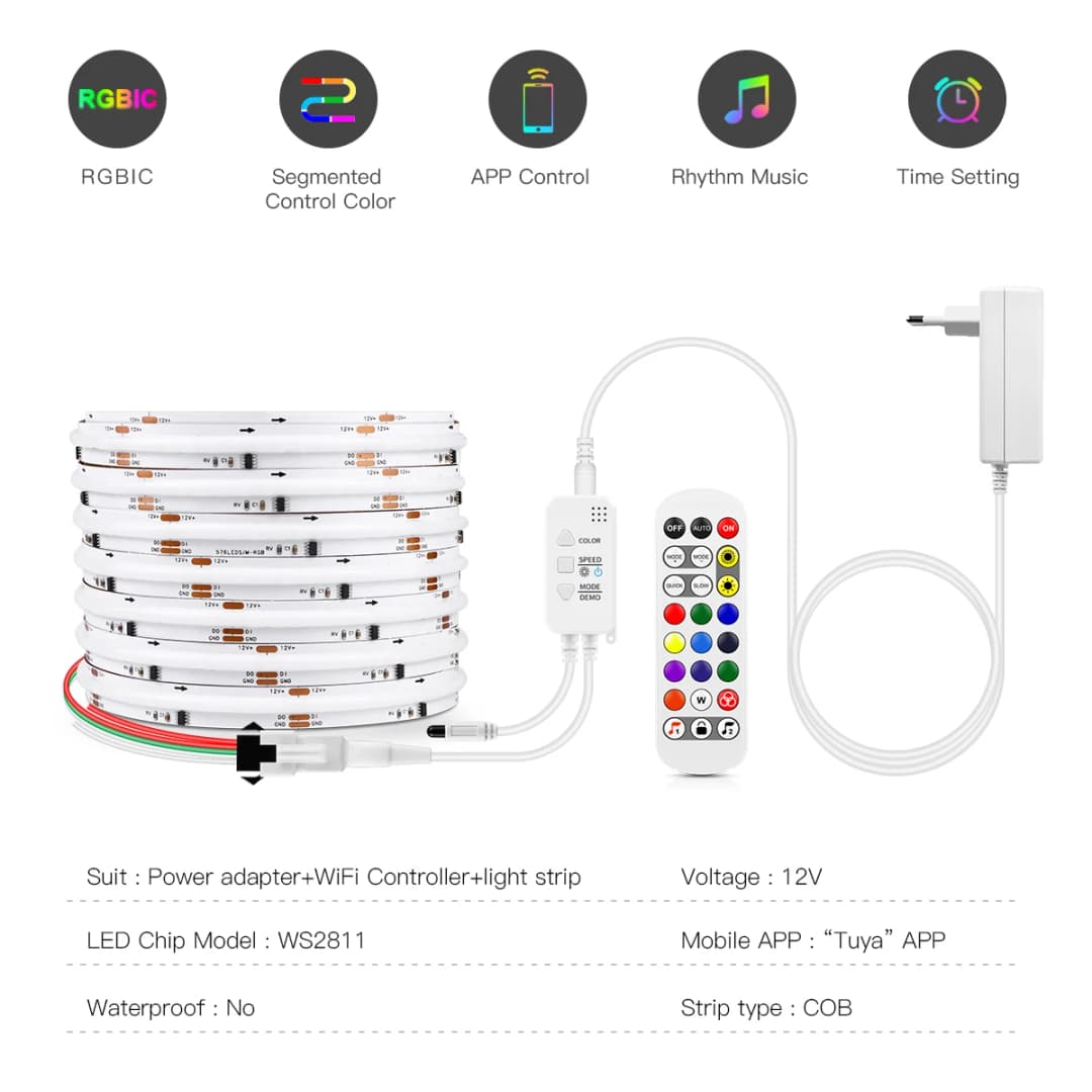 Tuya Smart WIFI RGBIC COB LED Strip Light Tape Addressable WS2811 IC Flexible RGB Neon LED Light 12V APPControl for Alexa Google - 2
