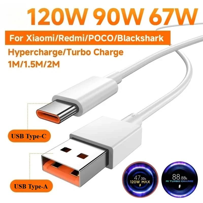 كابل شحن توربو سريع أصلي من شاومي 120W 90W 67W 6A USB Type C لهواتف Mi 15S Pro 14 13 12 Redmi Note 14 13 12 Poco X7 Pro F6
