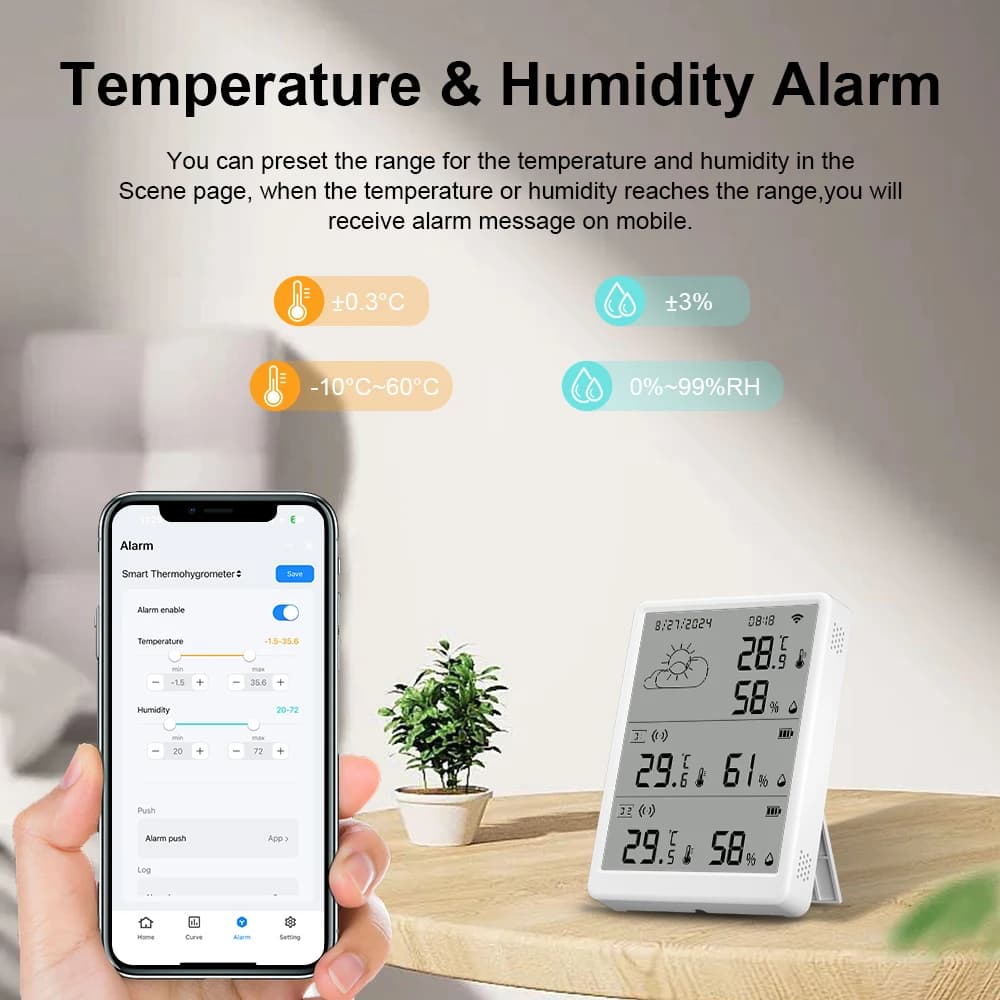 محطة طقس تویا واي فاي مقياس حرارة رقمي مقياس رطوبة الغرفة RF433 أجهزة استشعار درجة الحرارة والرطوبة الداخلية والخارجية ساعة حائط وطاولة - 3