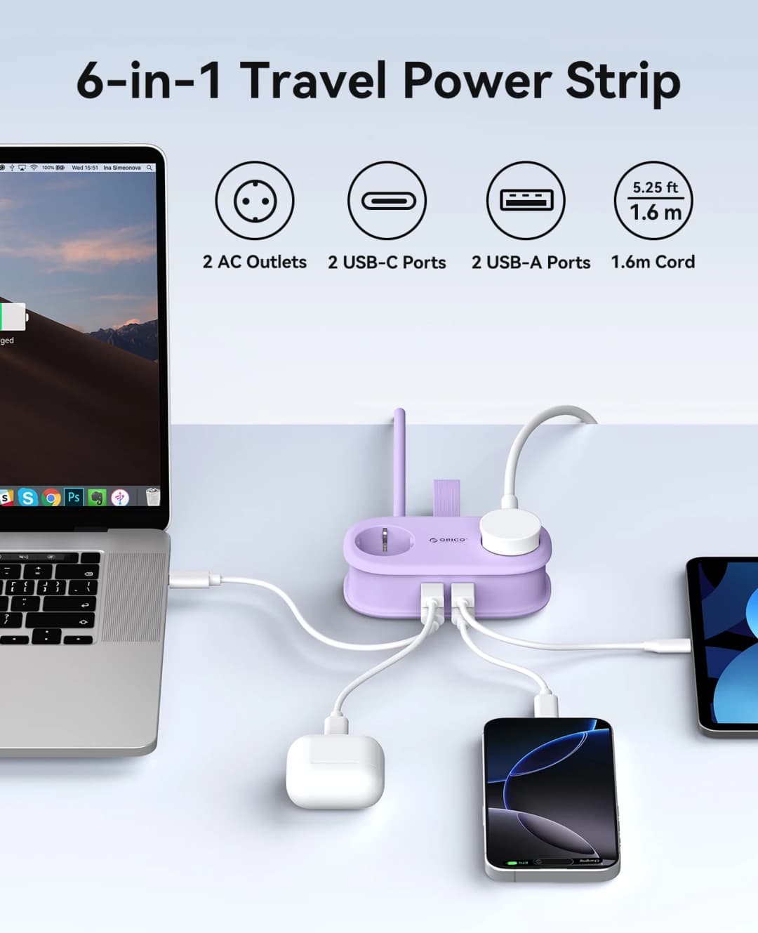 ORICO Cable-Wrap Portable Travel Power Strip 65W GaN Fast Charging Station with 2 AC Outlets 2 USB 2 Type-C EU Plug Adapter Home - 2