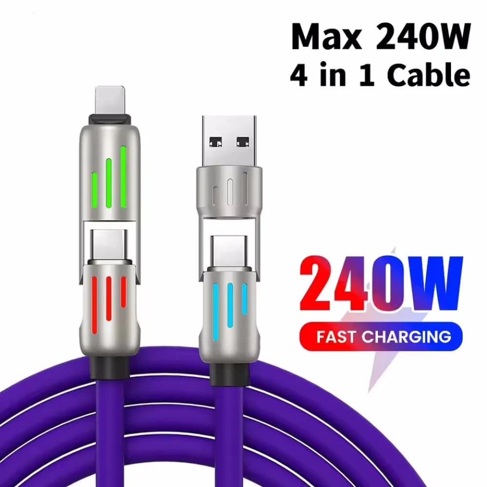 شاحن متعدد المنافذ 4 في 1، كوع دوار، USB إلى Type-C، كابل سيليكون، شحن سريع 240 واط، نقل البيانات