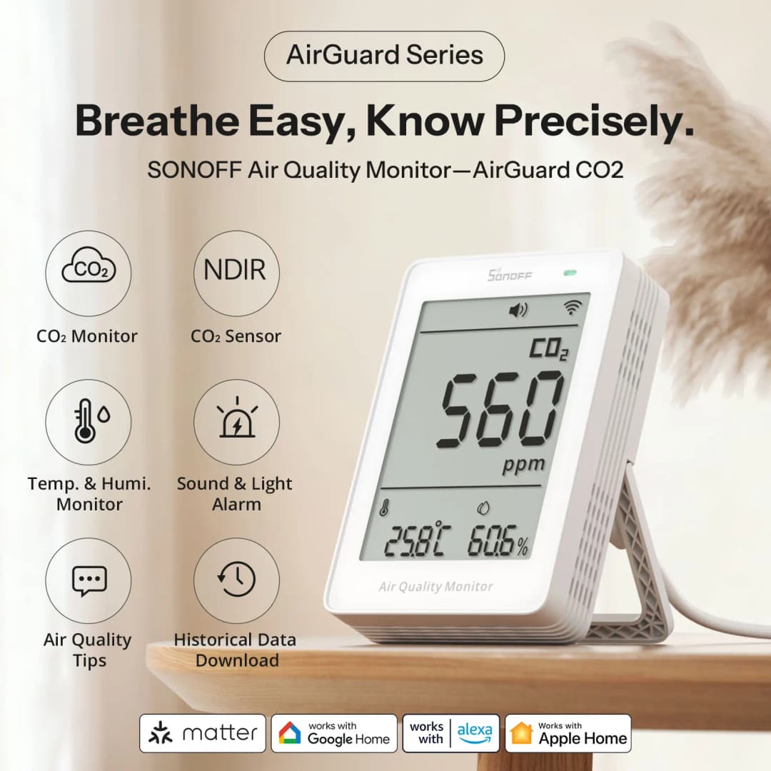 SONOFF AirGuard مراقب جودة الهواء CO2 عبر WiFi SAWF-08P مقياس درجة الحرارة والرطوبة إنذار صوت وضوء بيانات تاريخية - 2