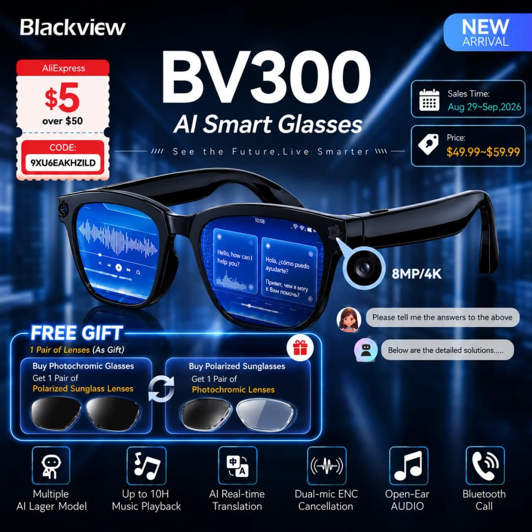 نظارات Blackview BV300 الذكية 4K، نظارات ترجمة ذكية بتغيير الألوان، تسجيل الصور والفيديو، مقاومة للماء، نظارات شمسية ذكية للمكالمات