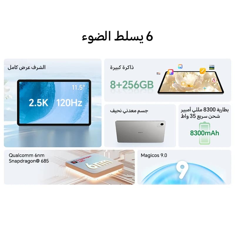 الإصدار العالمي HONOR Pad X9a بسعة 6 جيجابايت + 128 جيجابايت / 8 جيجابايت + 256 جيجابايت وشاشة LCD 11.5 بوصة بدقة 2.5K ومعدل تحديث 120 هرتز وبطارية 8300 مللي أمبير وسعة شحن فائقة 35 واط وواي فاي ونظام أندرويد 15 - 5