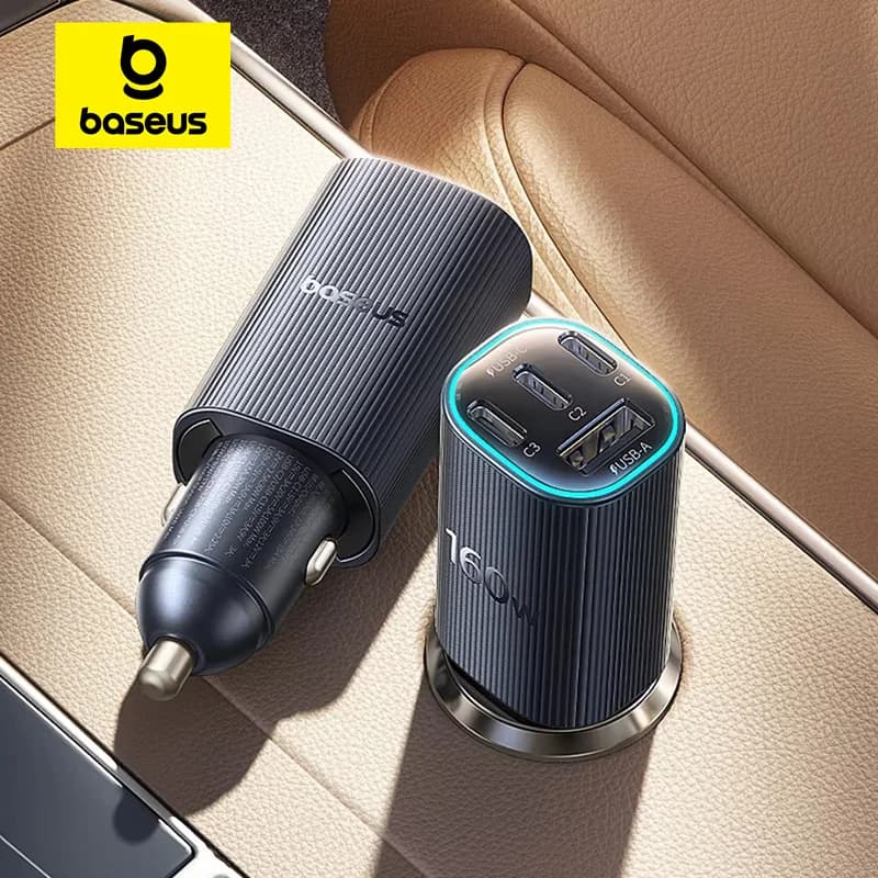 شاحن سيارة مغناطيسي Baseus 160 واط شاحن سريع Type-C مع 4 منافذ شحن سريع USB لآيفون 17 16 15 14 برو شاومي سامسونج