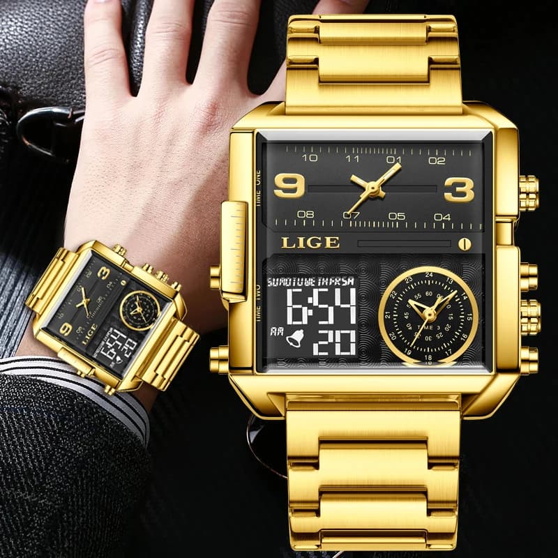 LIGE Top Brand Luxury Fashion Men Watches Gold Steel Sport Square Digital Analog Big Quartz Watch for Man Relogio Masculino+BOX - 6