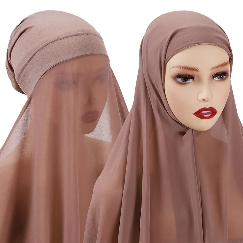 بونيه نسائي إسلامي + شال شيفون، غطاء رأس داخلي سريع، عصابة رأس حجاب مطاطية، غطاء رأس توربان