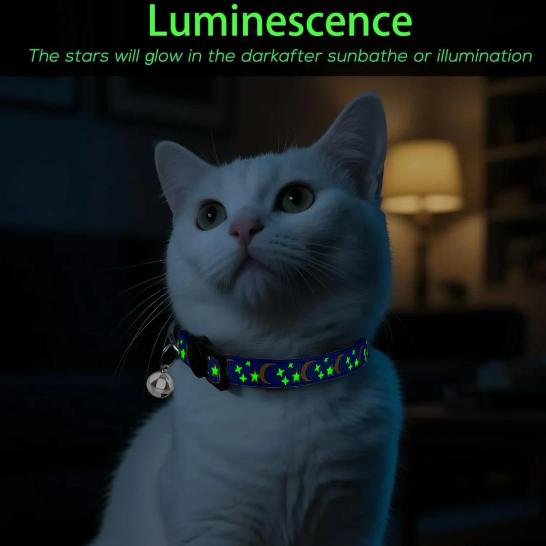 Pet Collar Cat Dog Gold Color Stars and Moon Pet Collar with Bell and PP Material Separate Luminescence Safety Buckle Solid Safe - 2