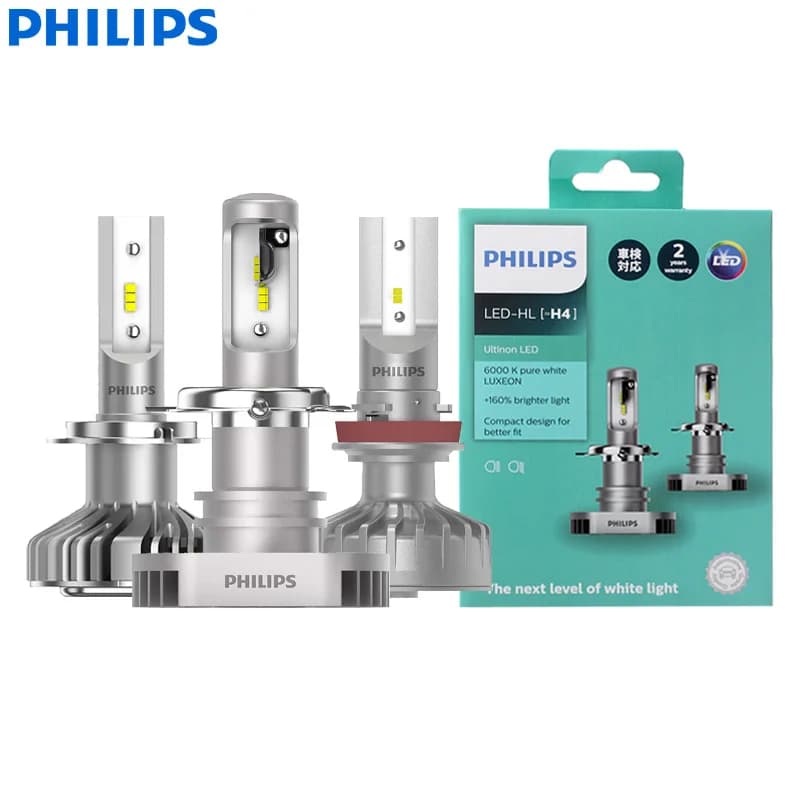 مصابيح أمامية Philips LED H1/H4/H7/H8/H11/H16/HB3/HB4 Ultinon، 6000K أبيض بارد، إضاءة ضباب سيارة ساطعة +160%، تصميم مدمج، زوج