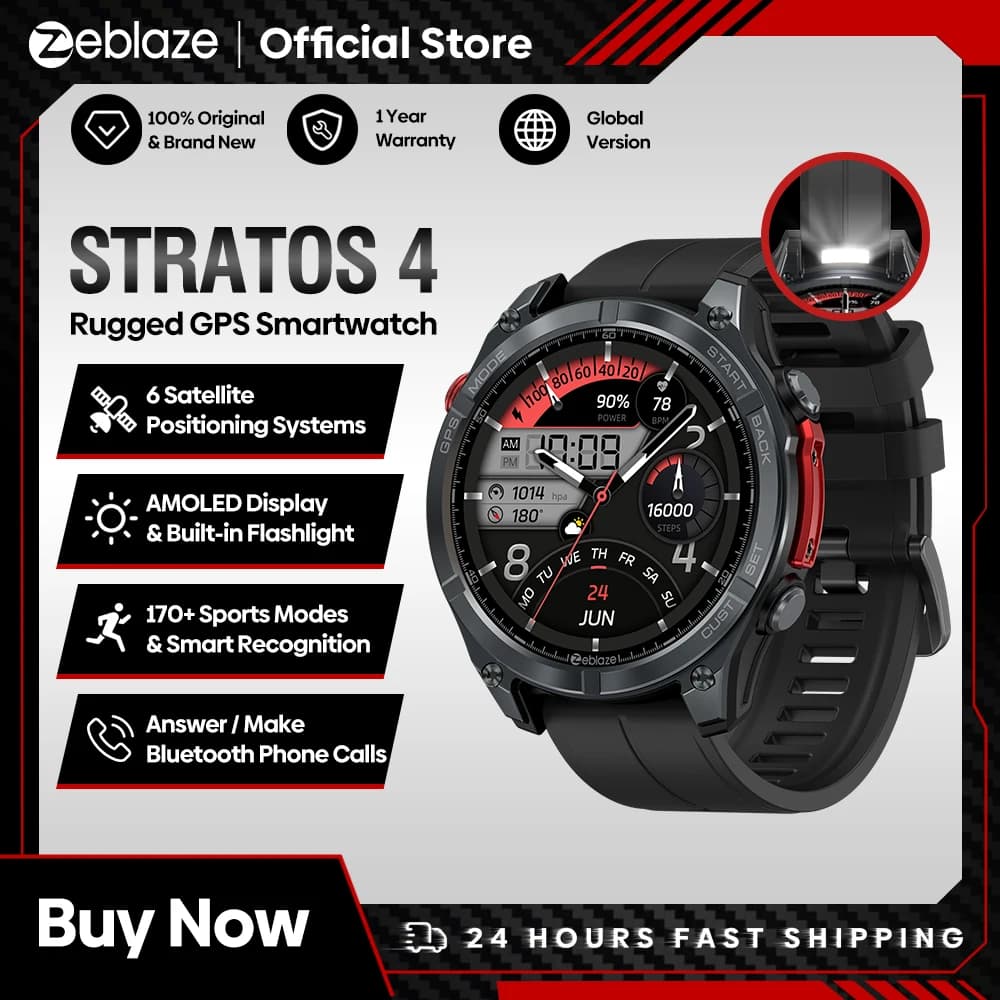 ساعة Zeblaze Stratos 3 PRO الذكية بنظام تحديد المواقع العالمي (GPS) وشاشة AMOLED مقاس 1.43 بوصة ومكالمات هاتفية عبر البلوتوث ومراقبة الصحة وساعة رياضية لعرض المسار الرياضي