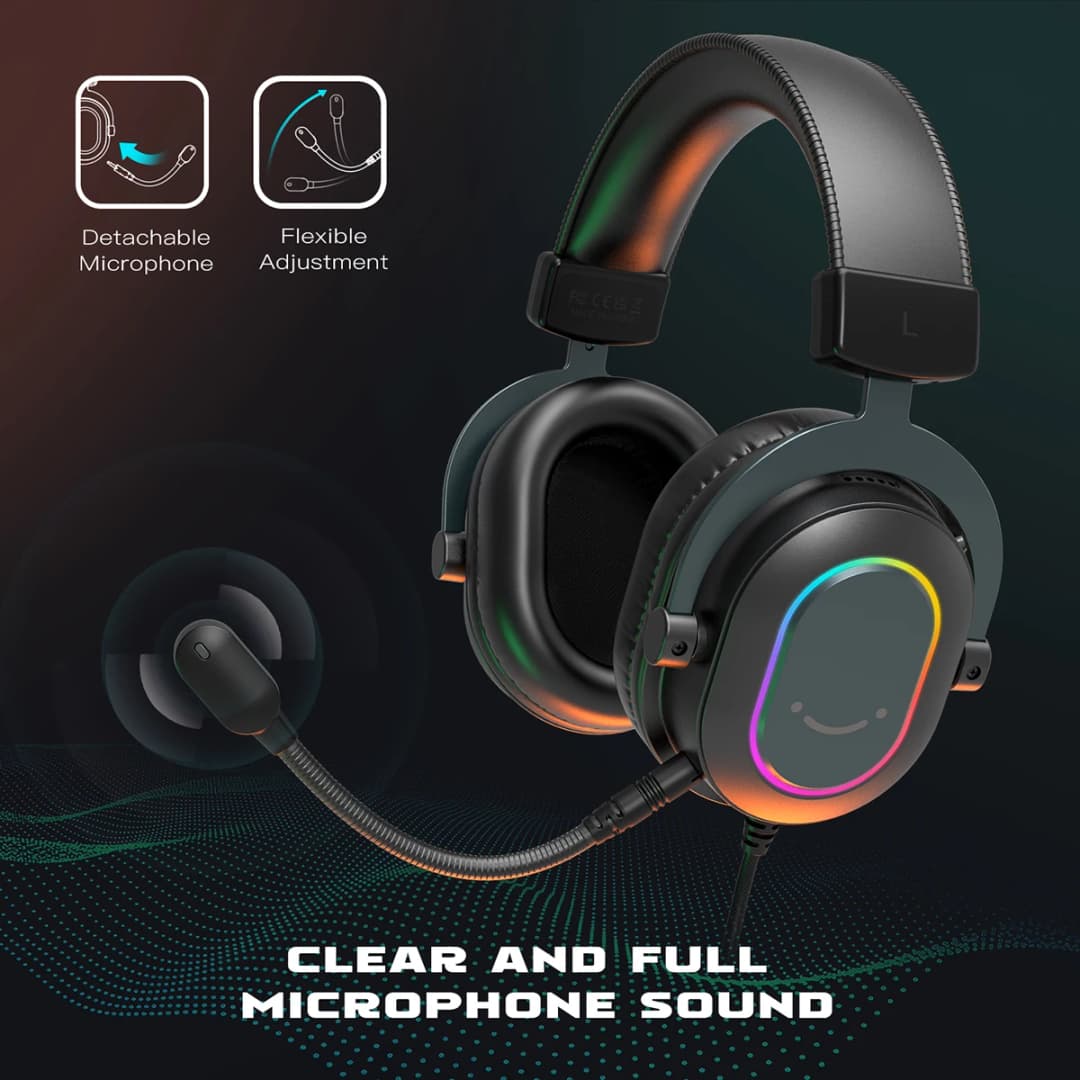 سماعة ألعاب Fifine Dynamic RGB مع ميكروفون فوق الأذن 7.1 صوت محيطي PC PS4 PS5 3 EQ خيارات لعبة موسيقى الفيلم - 4