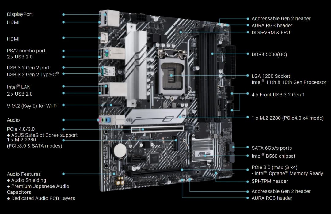 ASUS PRIME B560M-A Motherboard Socket LGA1200 CPU DDR4 5000 (OC) Memory Chipset B560 mATX Mainboard - 2