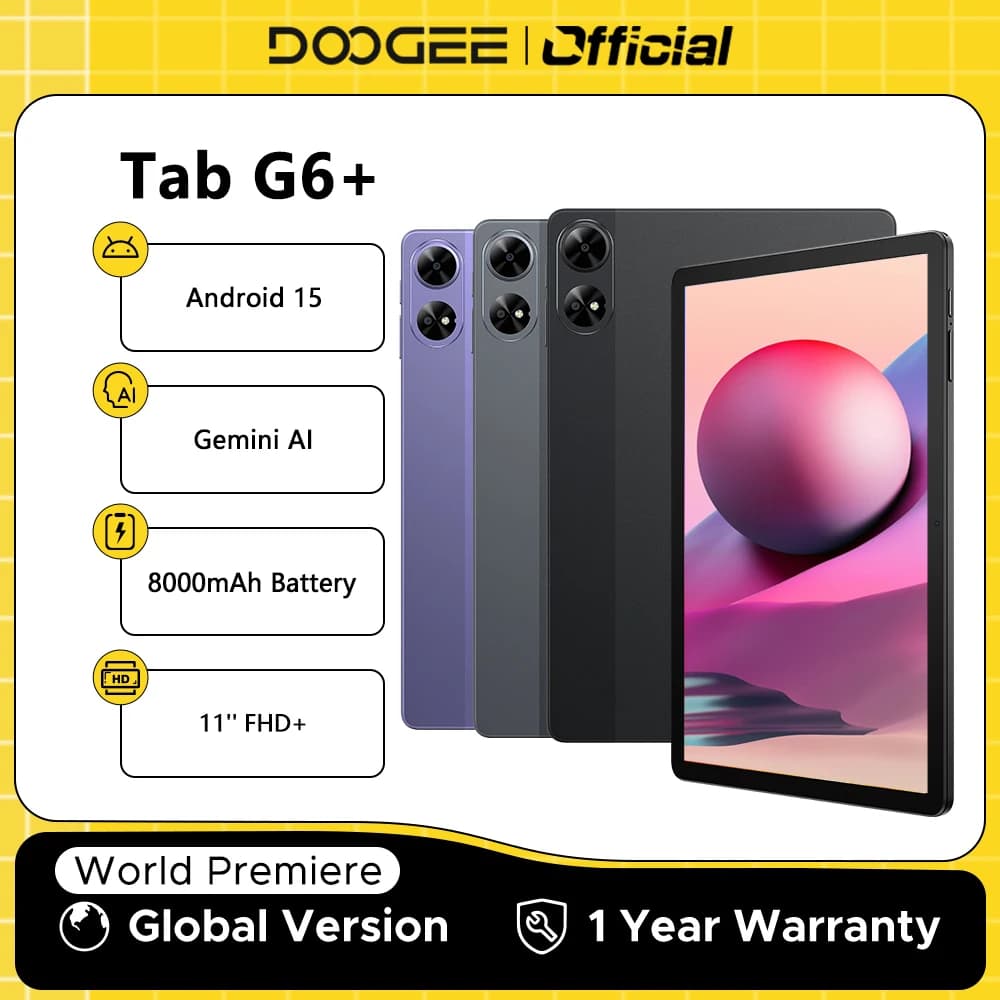 دوغي تاب G6+ كمبيوتر لوحي أندرويد 15 جيميني AI شاشة 11 بوصة مكبرات صوت مزدوجة بطارية 8000 مللي أمبير 8 جيجابايت 256 جيجابايت يدعم Widevine L1 لوحي ذكي